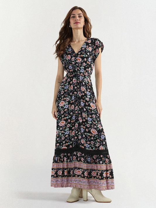 Elle Women Black V Neck Dress