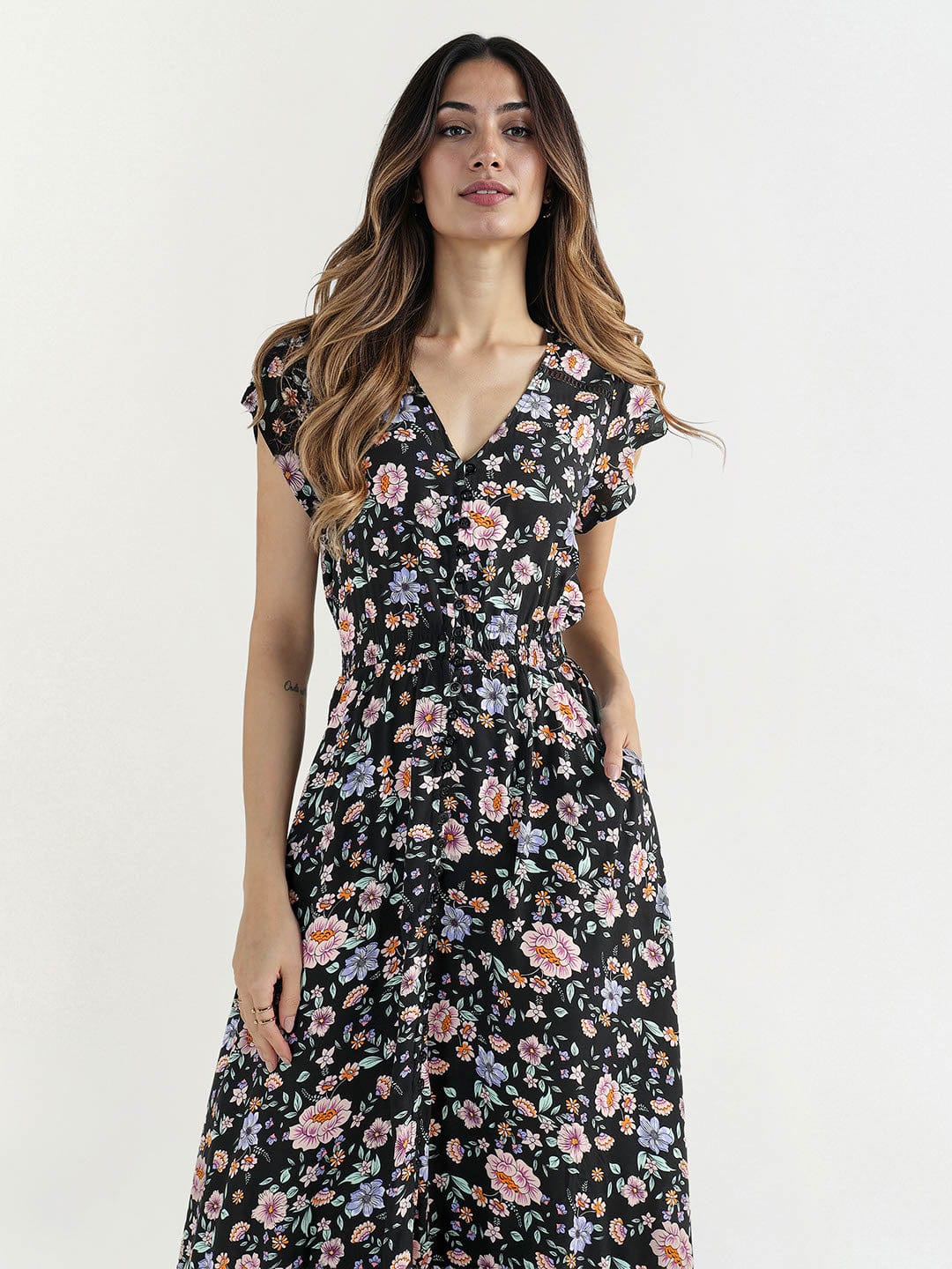 Elle Women Black V Neck Dress