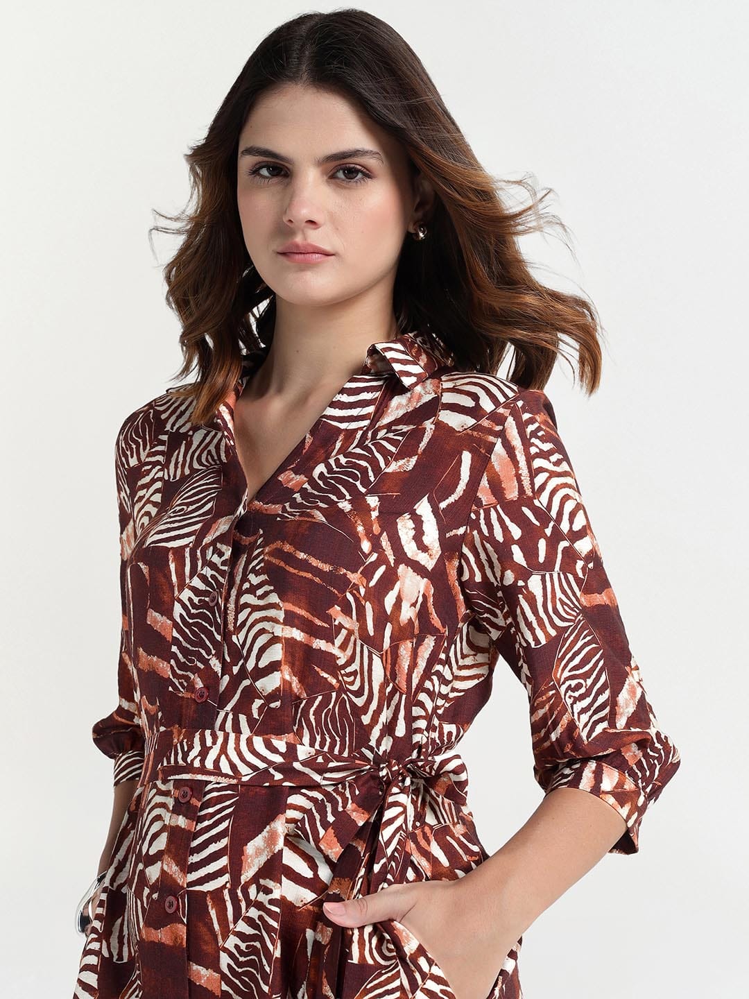 Elle Women Brown Collar Dress