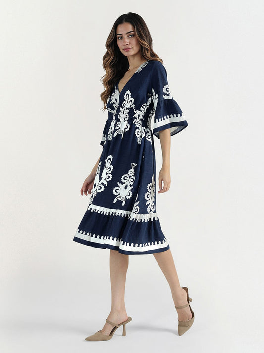 Elle Women Blue V Neck Dress