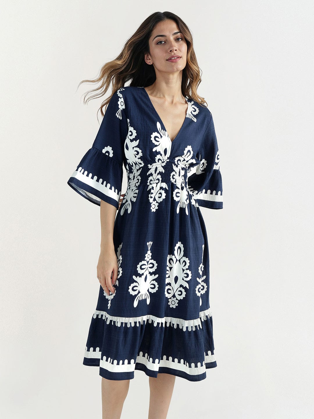 Elle Women Blue V Neck Dress