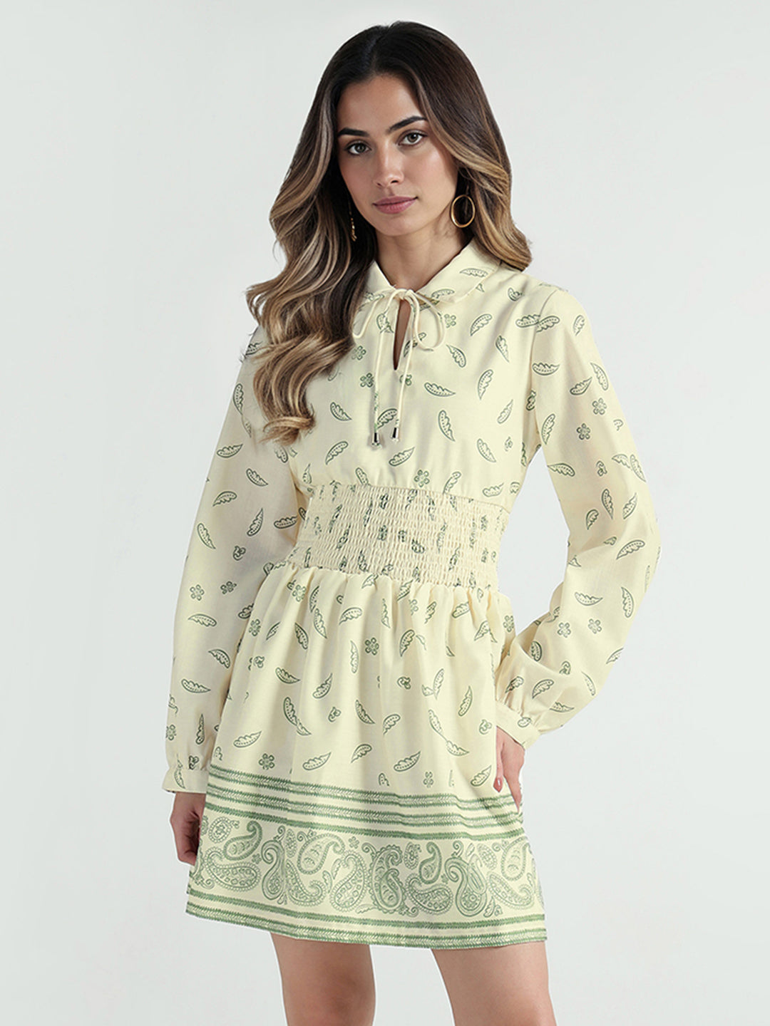 Elle Women Yellow Printed Collar Dress