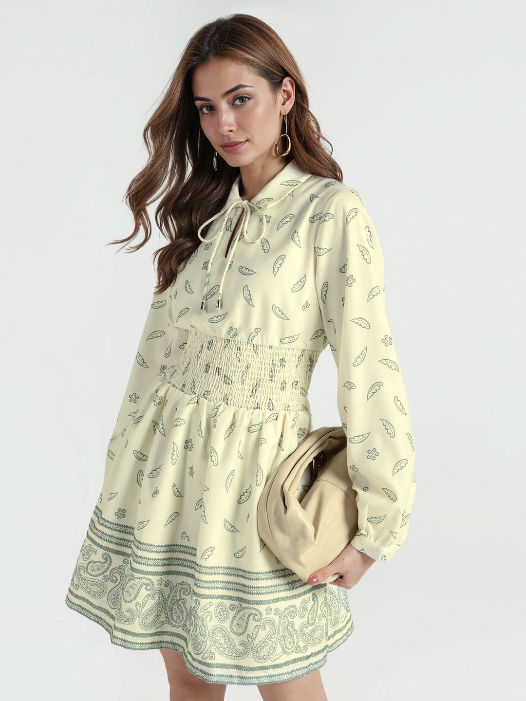 Elle Women Yellow Printed Collar Dress