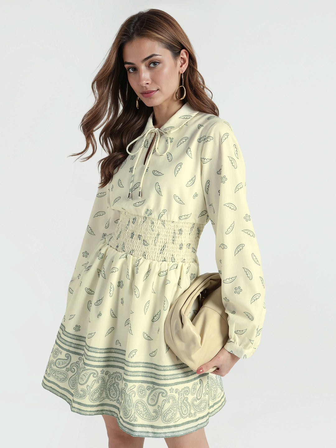 Elle Women Yellow Printed Collar Dress
