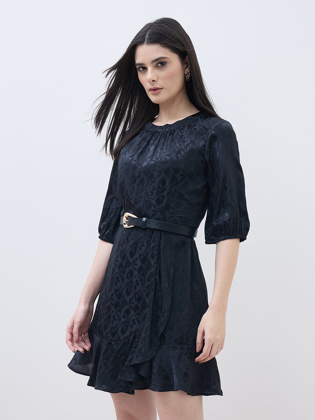 ELLE Women Black Floral Flared Fit Mini Dress