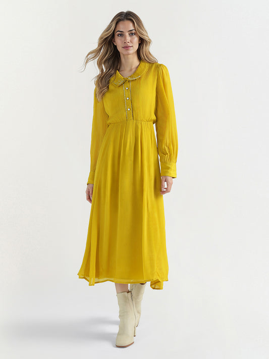 Elle Women Yellow Embellished Collar Dress
