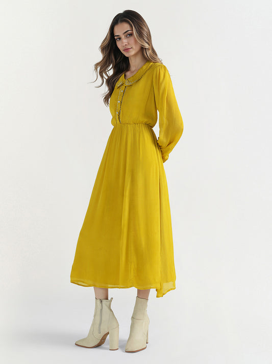 Elle Women Yellow Embellished Collar Dress