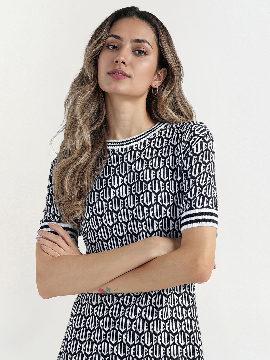 Elle Women Blue Knitted Rib Neck Dress