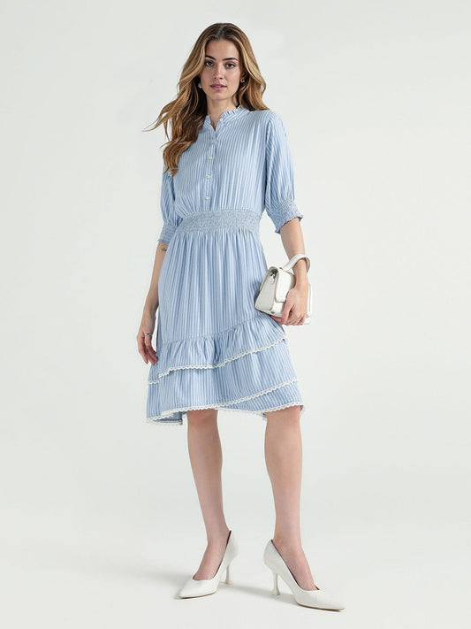 Elle Women Multi Striped Band Collar Dress