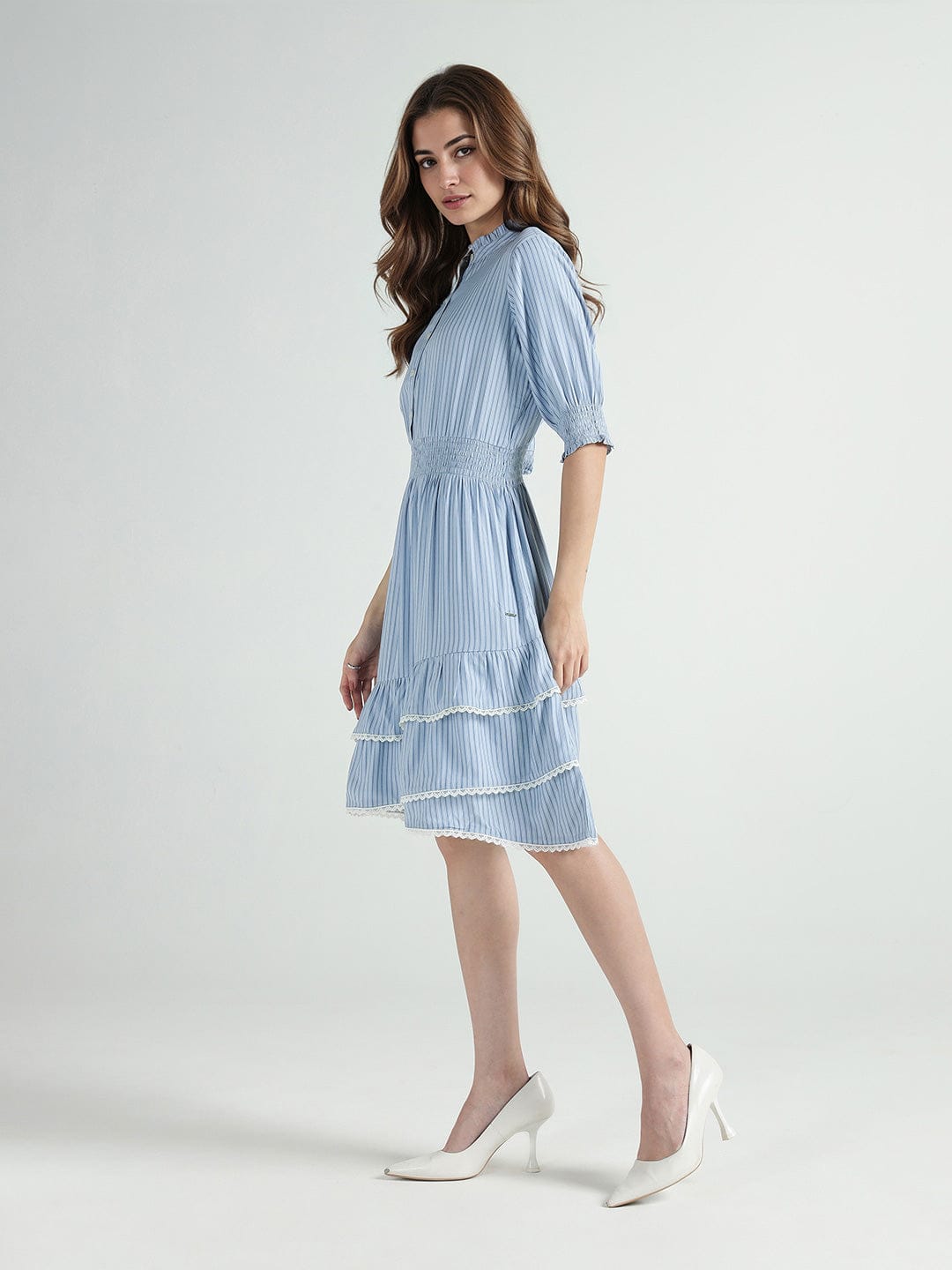Elle Women Multi Striped Band Collar Dress