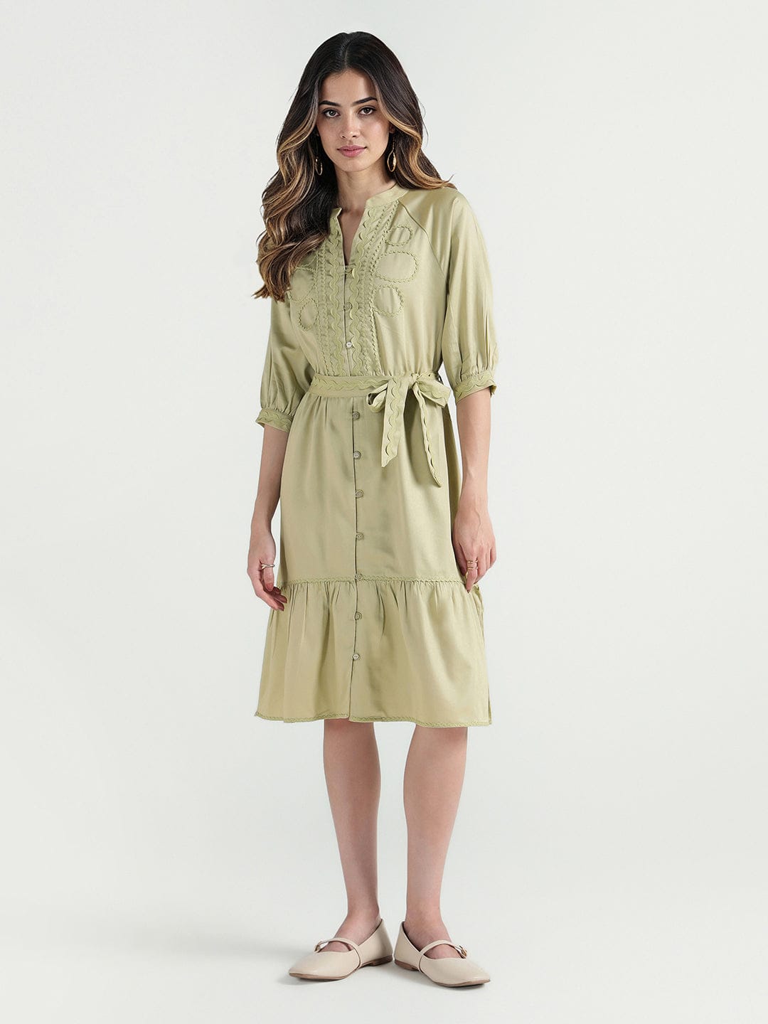 Elle Women Green Plain Band Collar Dress