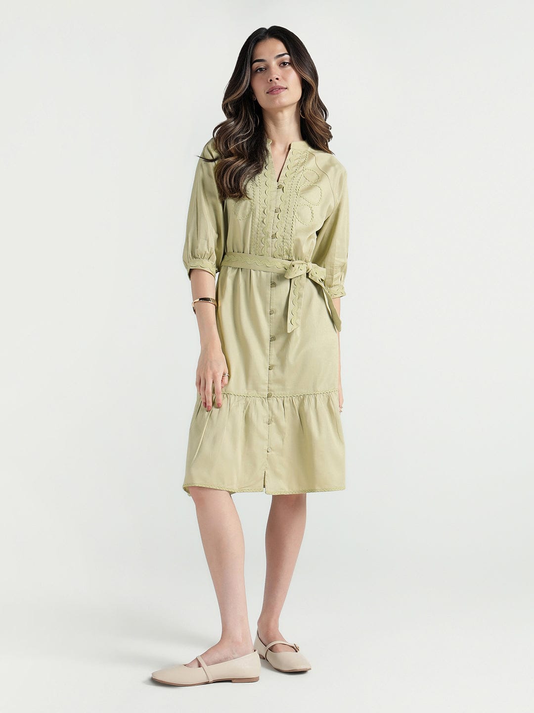 Elle Women Green Plain Band Collar Dress
