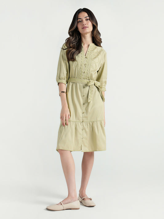 Elle Women Green Plain Band Collar Dress