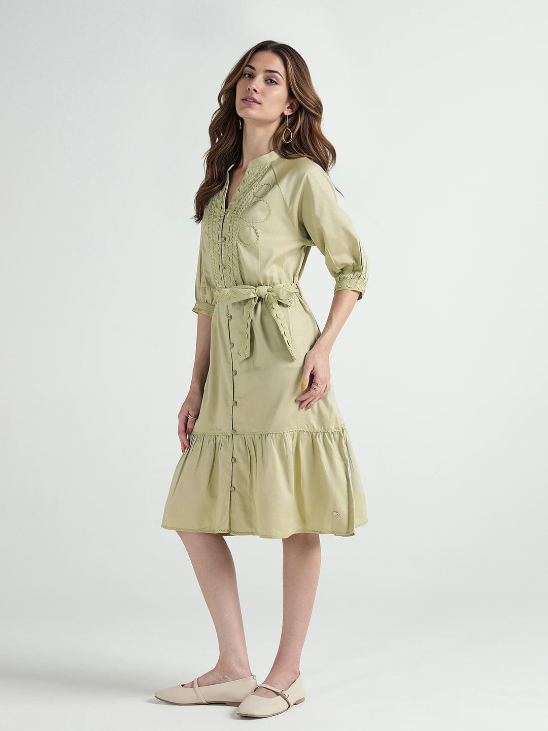 Elle Women Green Plain Band Collar Dress