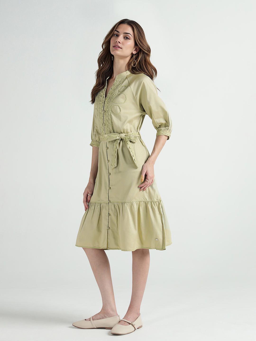 Elle Women Green Plain Band Collar Dress