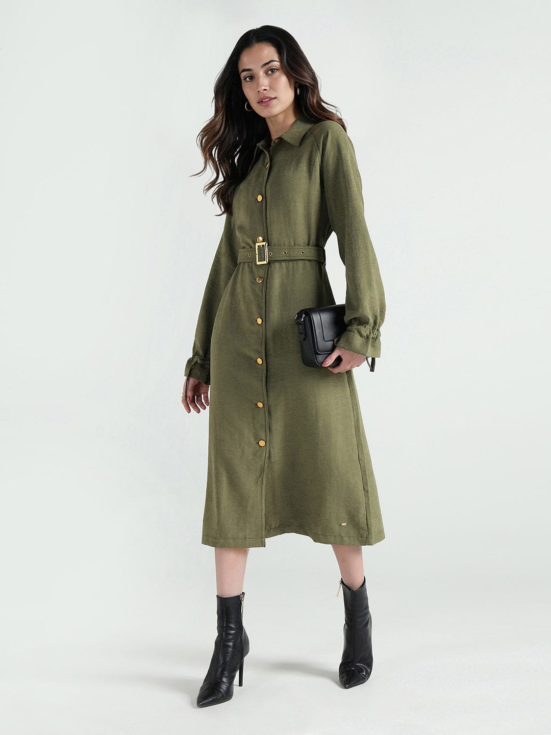 Elle Women Green Solid Collar Dress