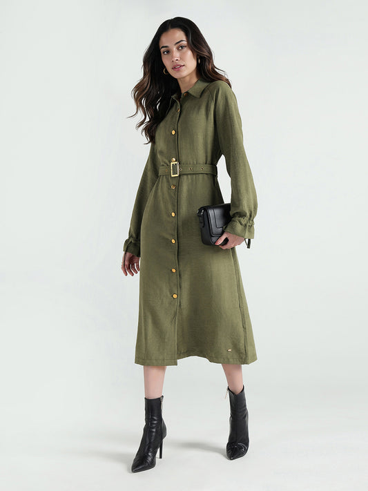 Elle Women Green Solid Collar Dress
