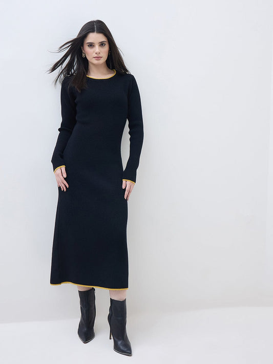 ELLE Women Black Textured Flared Fit Midi Dress