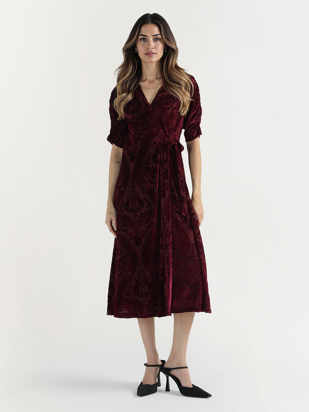 Elle Women Red Printed V Neck Dress