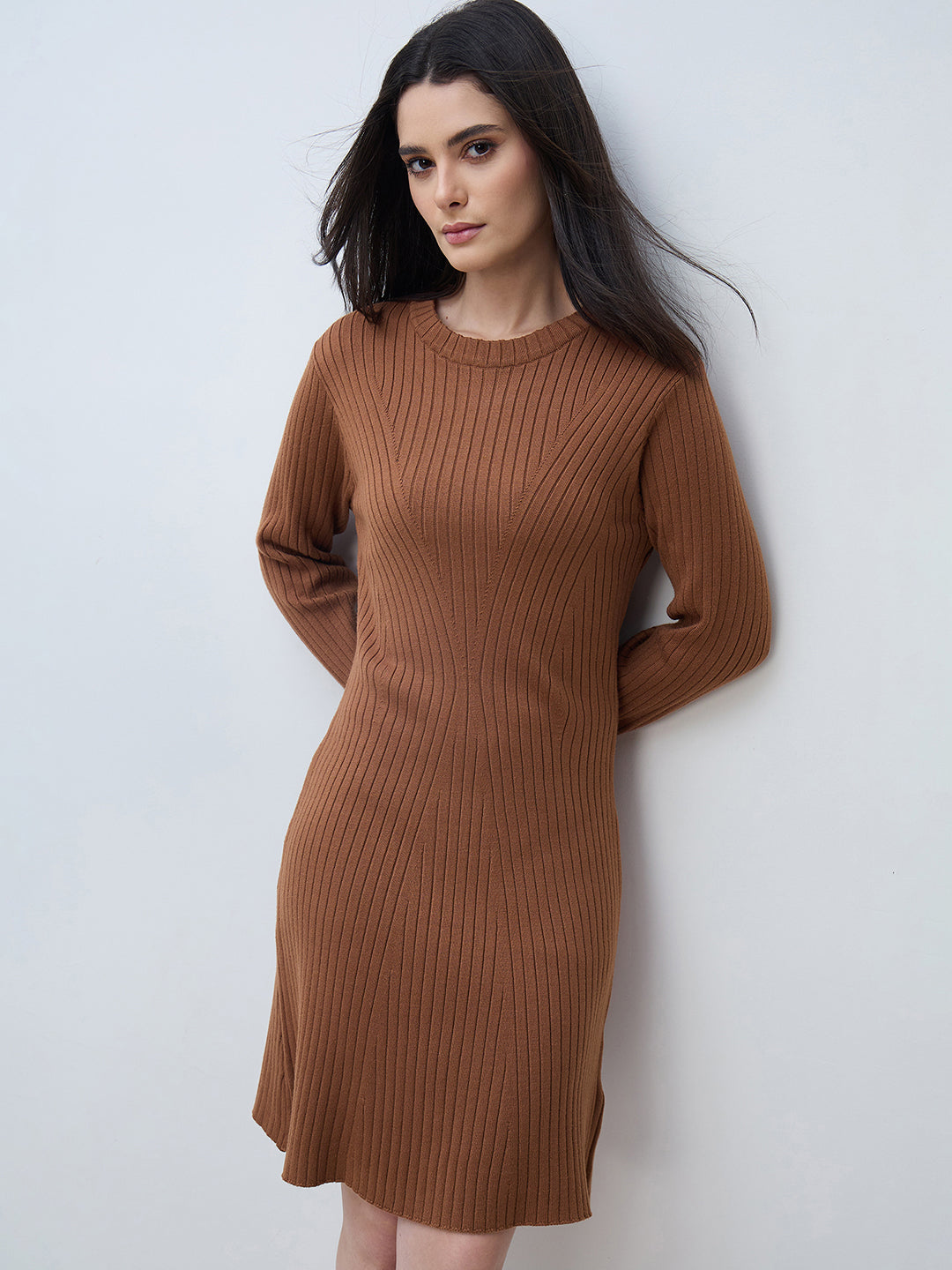 Elle Women Brown Solid Round Neck Fit & Flare Dress
