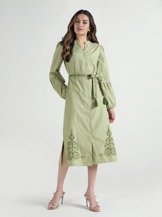 Elle Women Green Embroidered Band Collar Dress