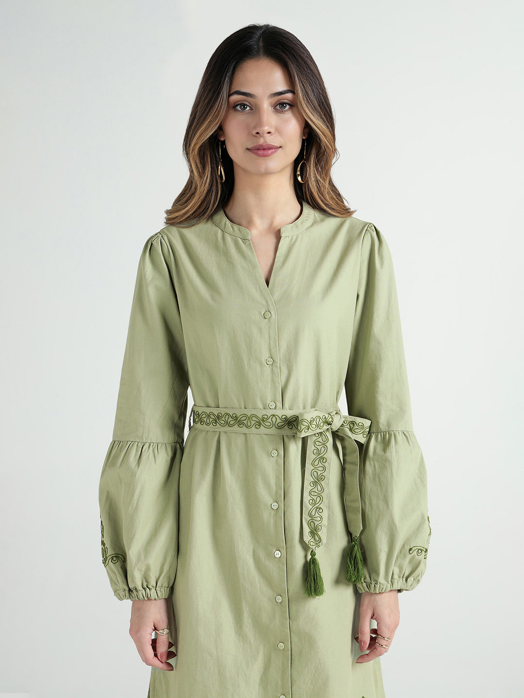 Elle Women Green Embroidered Band Collar Dress