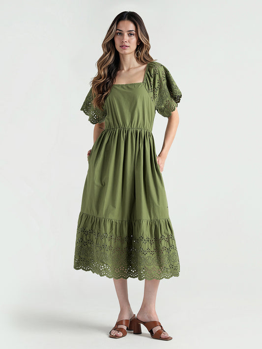 Elle Women Green Plain V Neck Dress