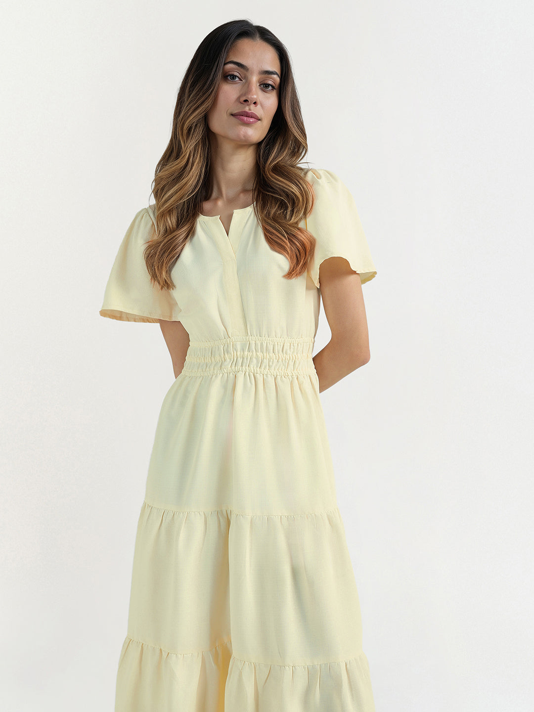 Elle Women Yellow Plain V Neck Dress