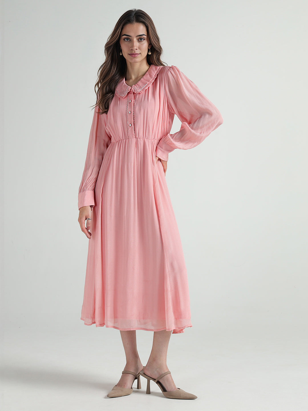 Elle Women Pink Solid Collar Dress