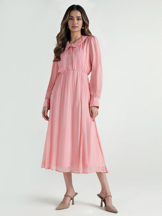 Elle Women Pink Solid Collar Dress