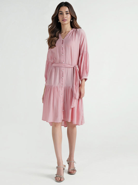 Elle Women Pink Plain Band Collar Dress