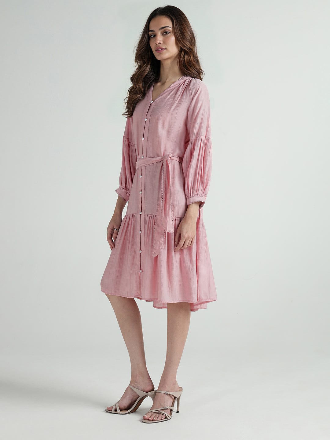 Elle Women Pink Plain Band Collar Dress