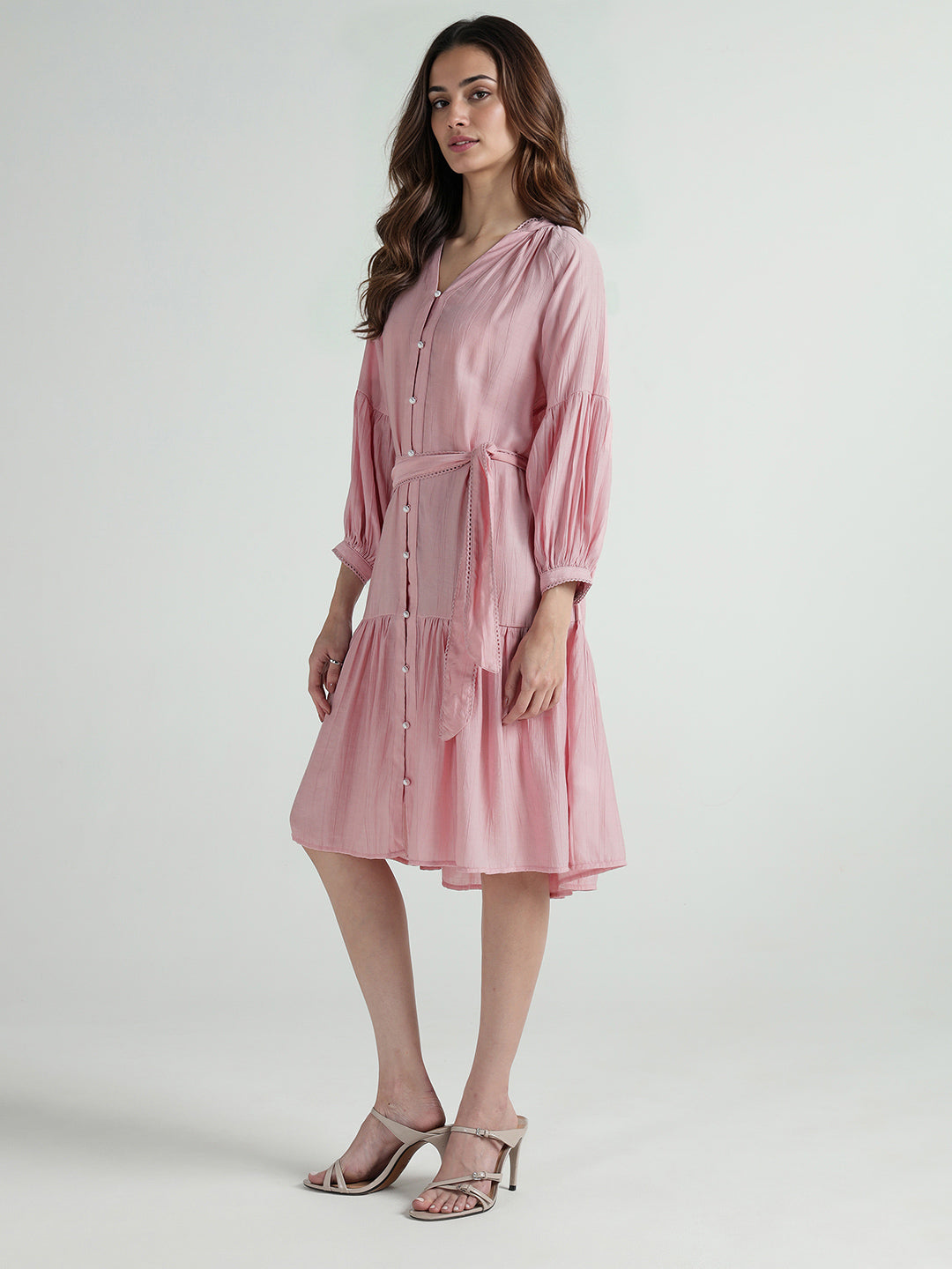 Elle Women Pink Plain Band Collar Dress