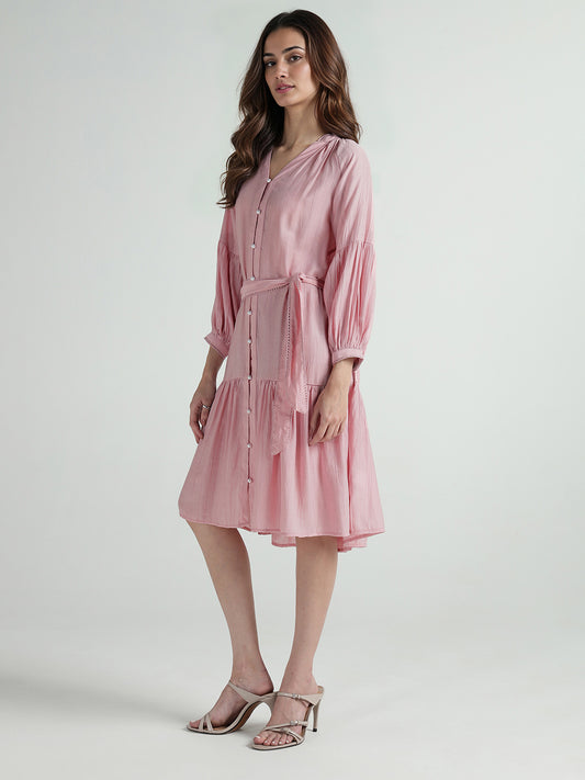 Elle Women Pink Plain Band Collar Dress