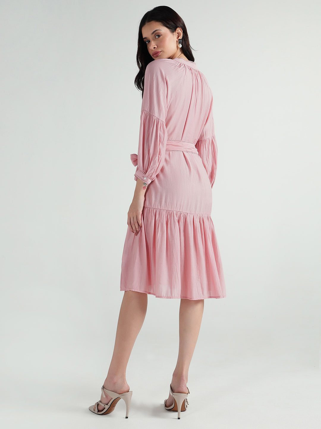 Elle Women Pink Plain Band Collar Dress