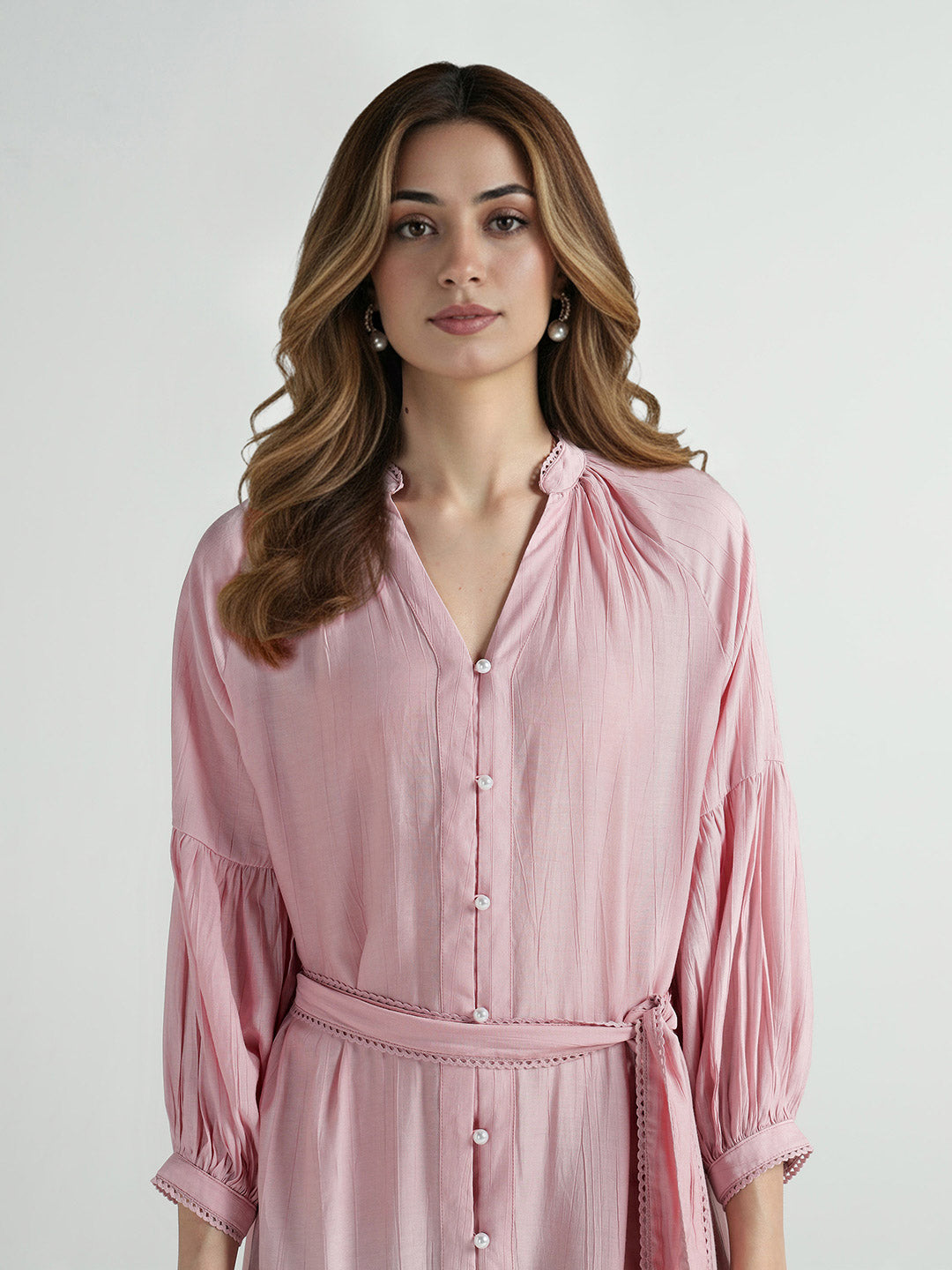 Elle Women Pink Plain Band Collar Dress