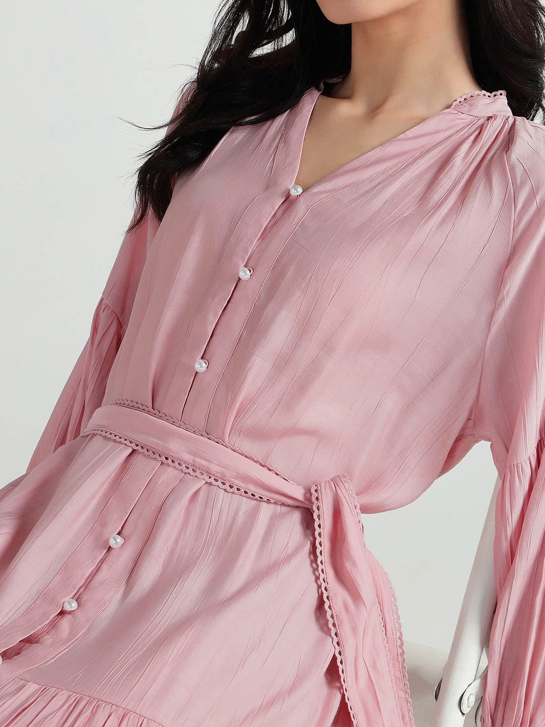 Elle Women Pink Plain Band Collar Dress