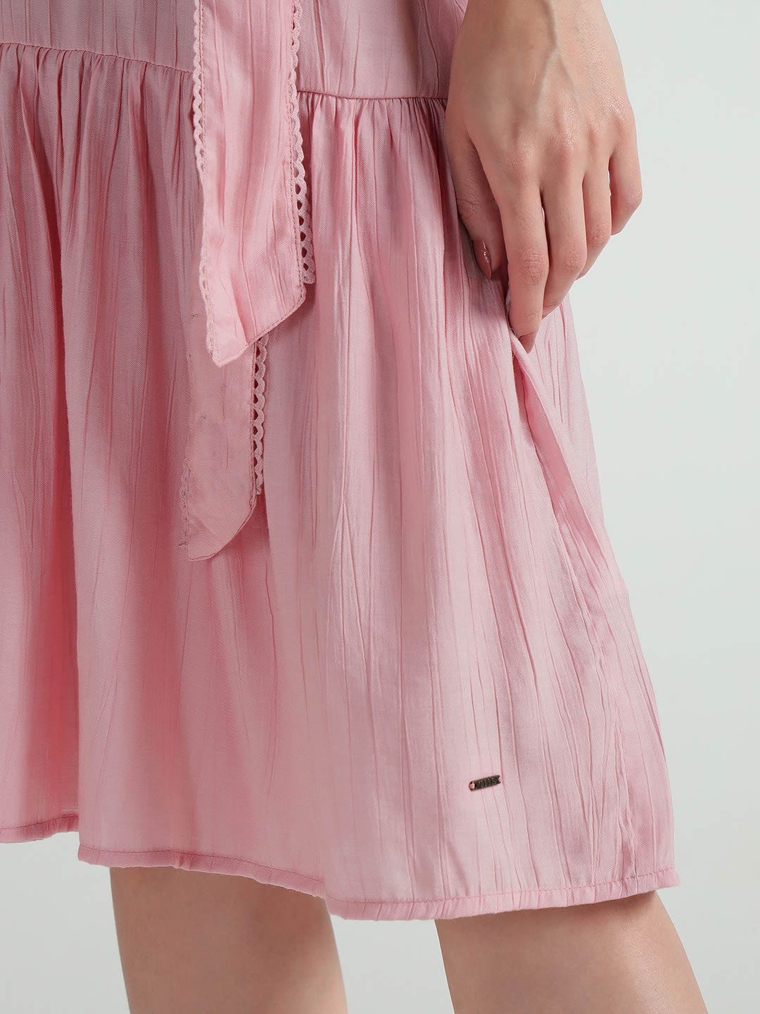 Elle Women Pink Plain Band Collar Dress