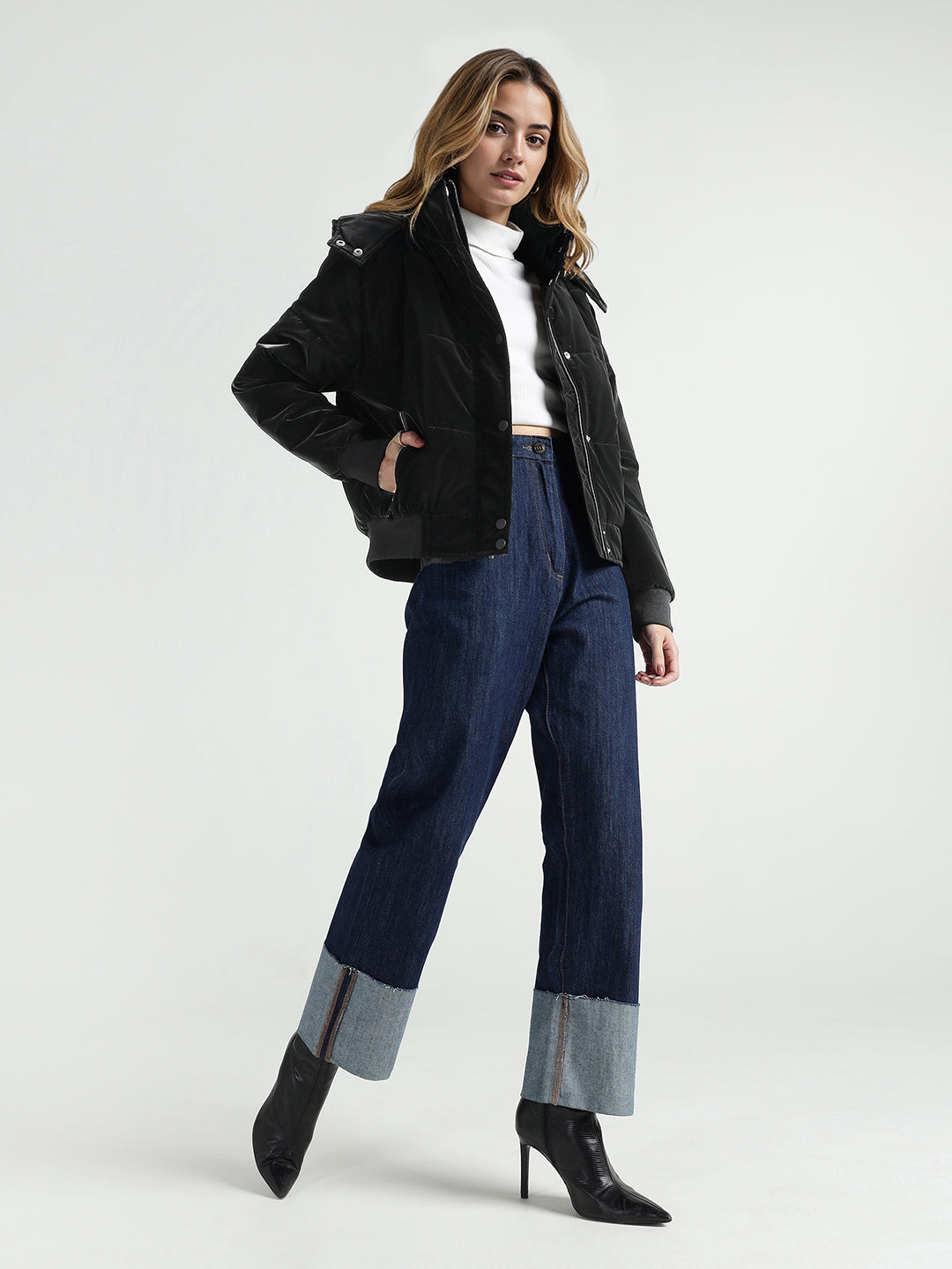 Elle Women Black Quilted Hooded Jacket