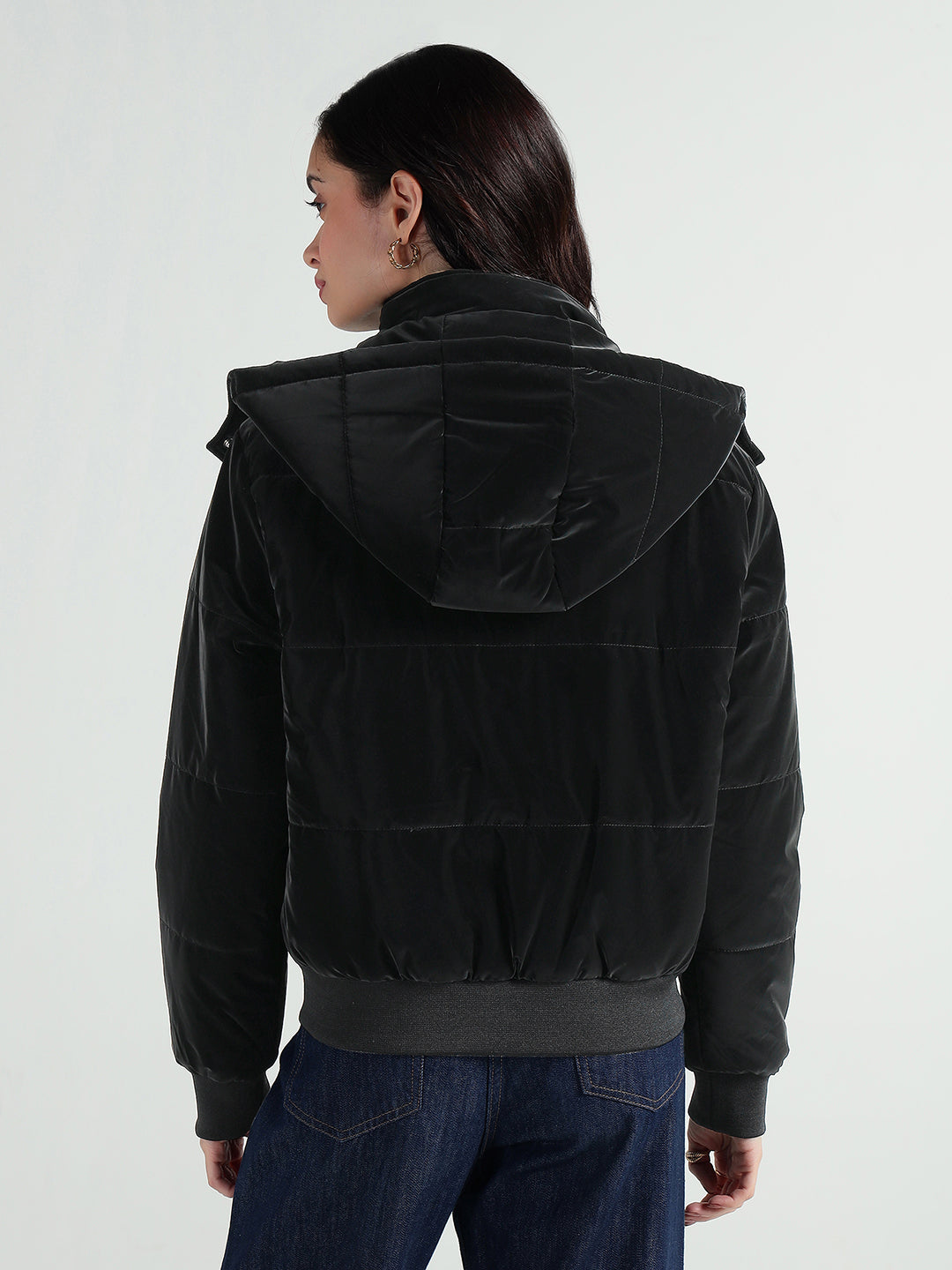 Elle Women Black Quilted Hooded Jacket