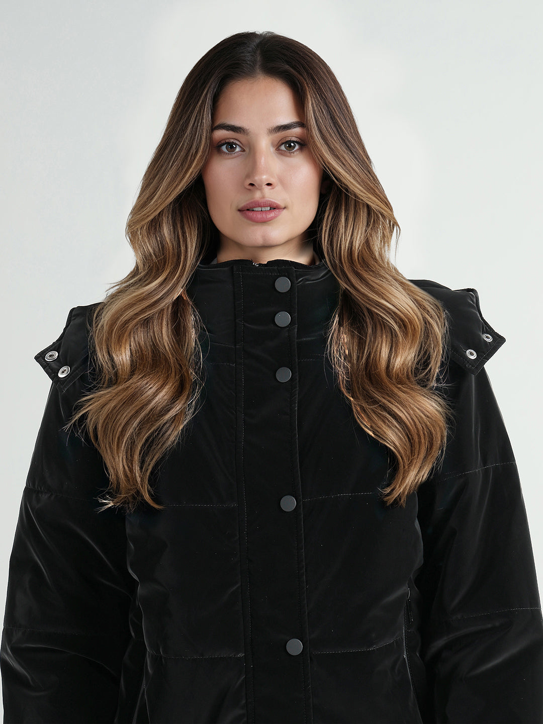 Elle Women Black Quilted Hooded Jacket