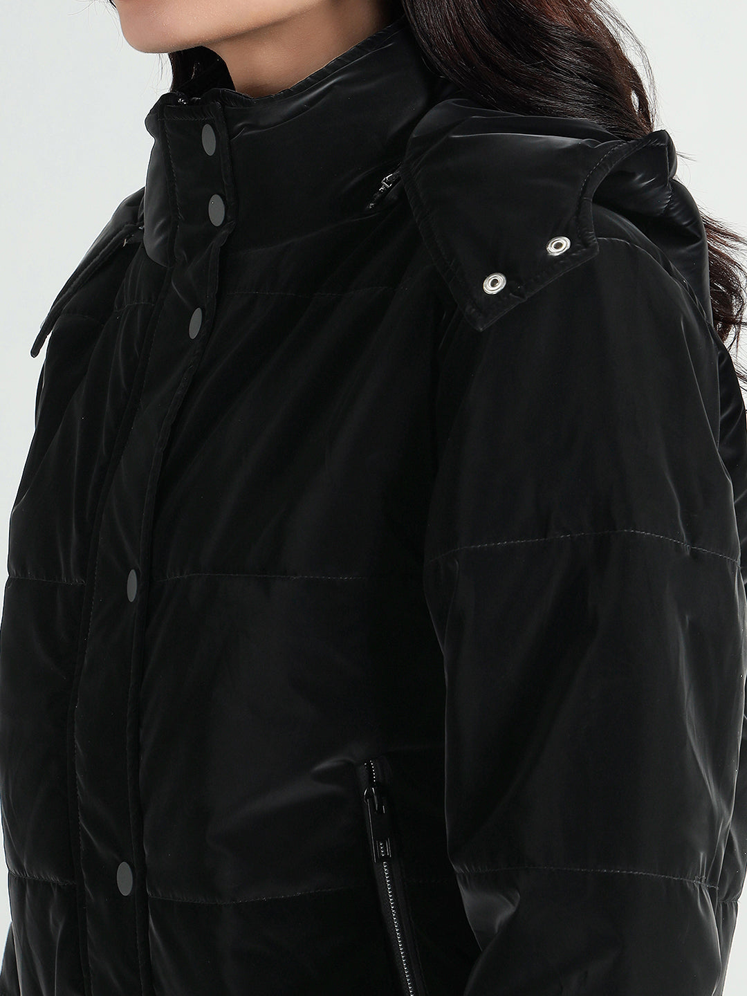 Elle Women Black Quilted Hooded Jacket