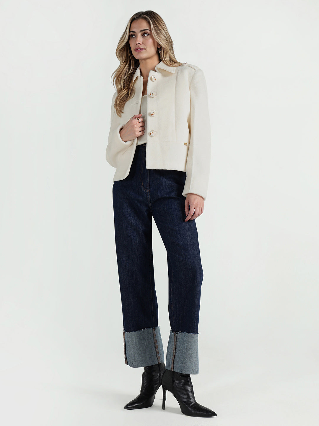 Elle Women Cream Solid Collar Jacket