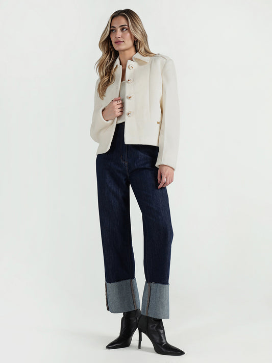 Elle Women Cream Solid Collar Jacket