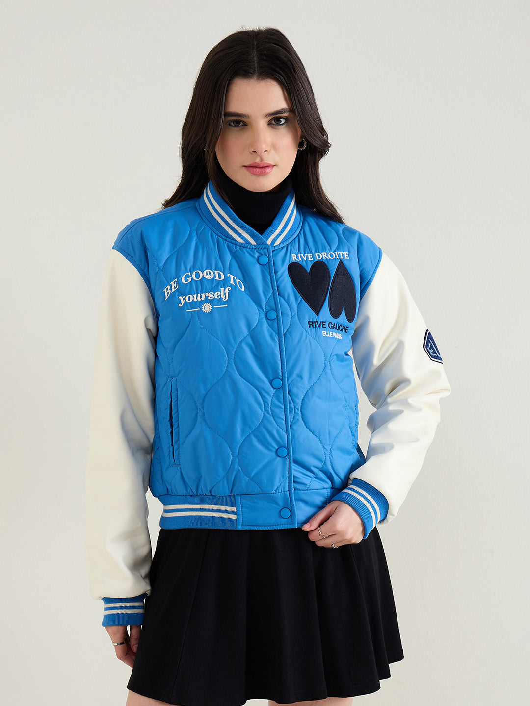 ELLE Women Blue Embroidered Band Collar Jacket