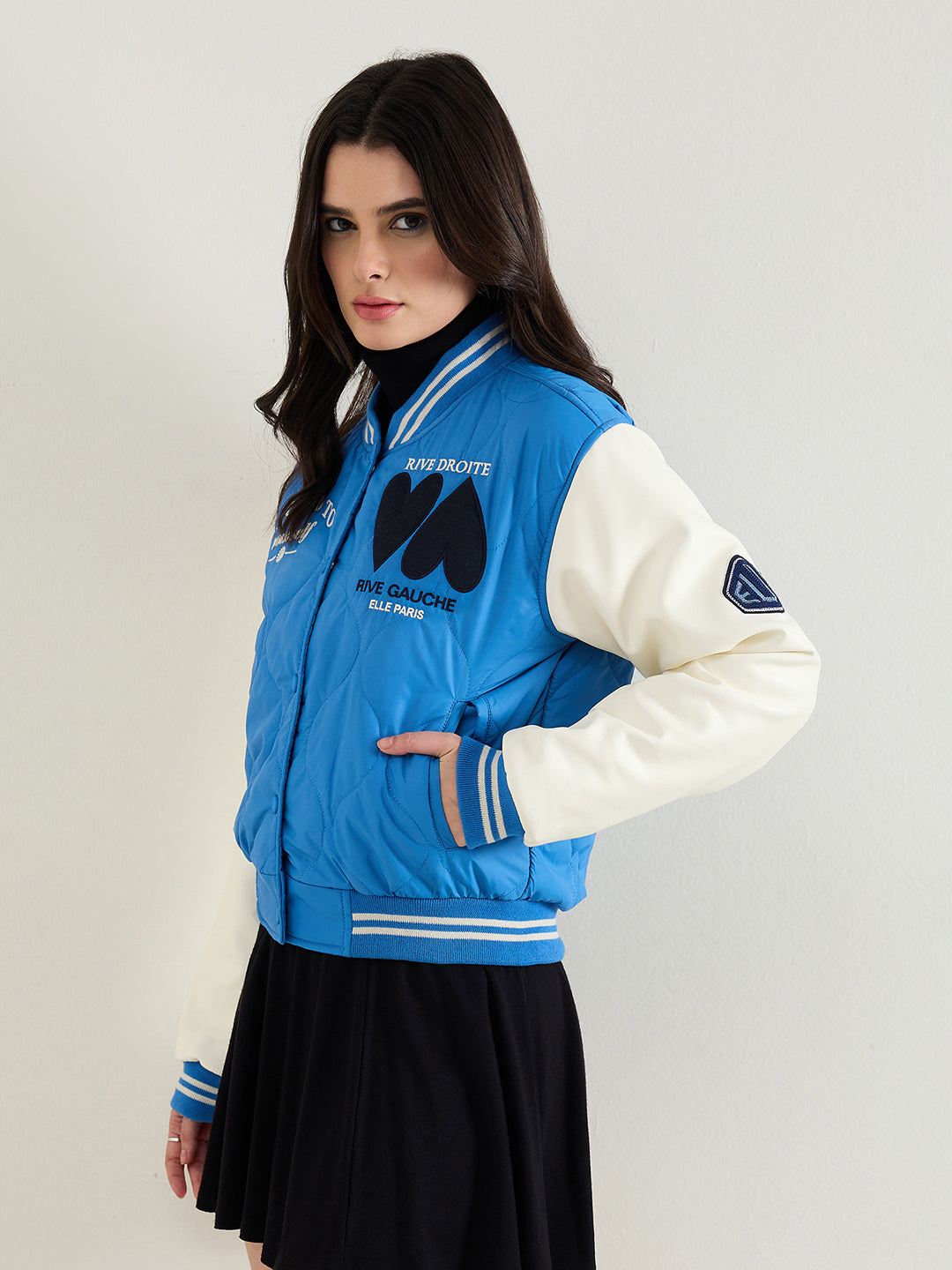 ELLE Women Blue Embroidered Band Collar Jacket