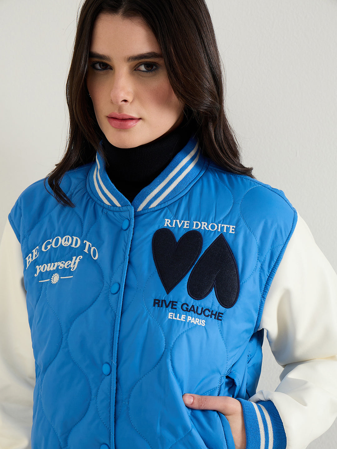 ELLE Women Blue Embroidered Band Collar Jacket