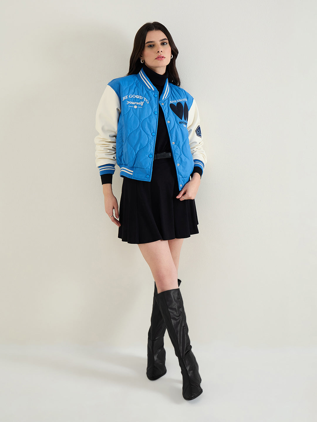 ELLE Women Blue Embroidered Band Collar Jacket