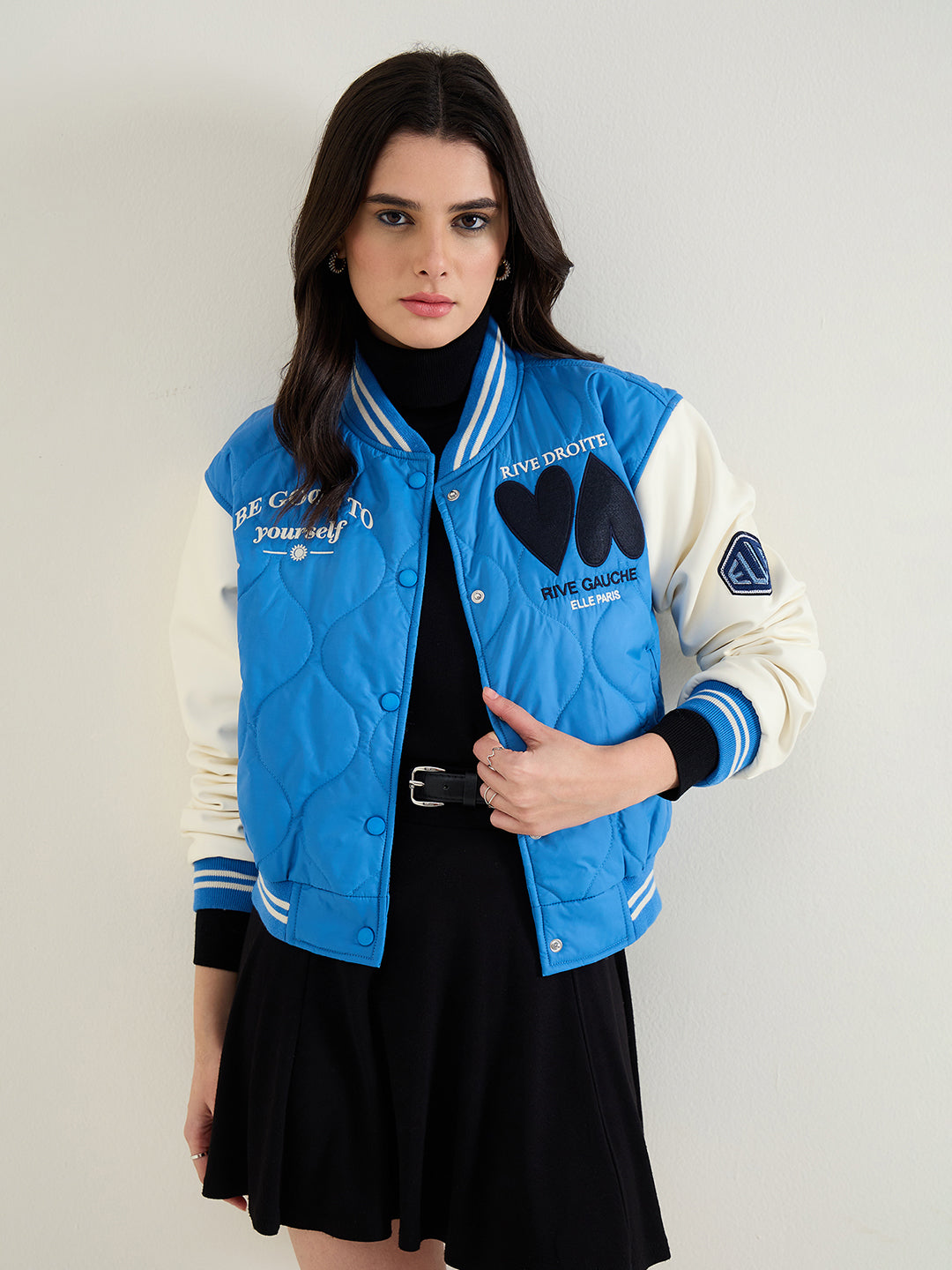 ELLE Women Blue Embroidered Band Collar Jacket