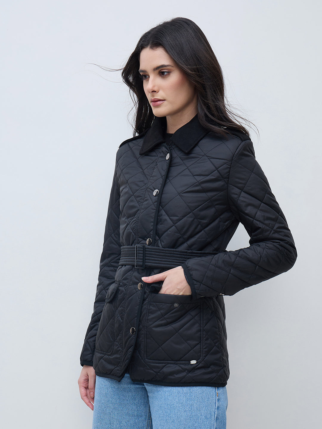 Elle Women Black Solid Collared Jacket